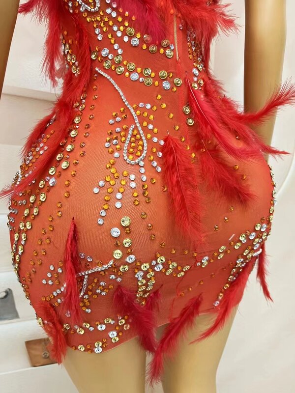 드레스 깃털 슬림 핏 섹시 공연 의상, 크리스탈 라인스톤 블린 나이트 클럽 바 파티 바 댄스 여성 의상