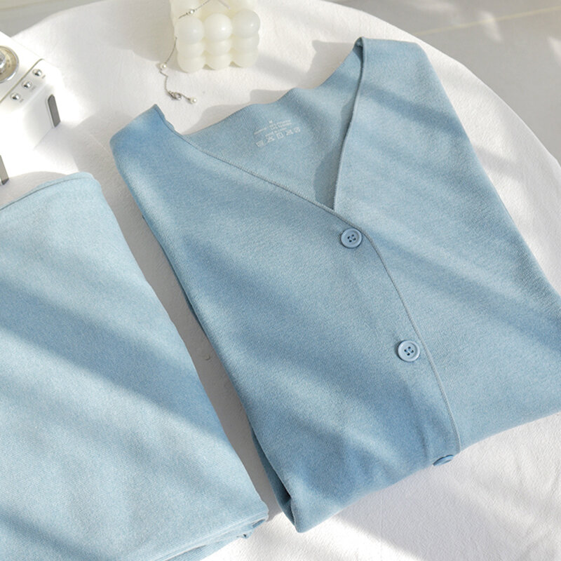 2023 novos pijamas térmicos das mulheres outono e inverno denim pode usar terno de manga comprida em casa