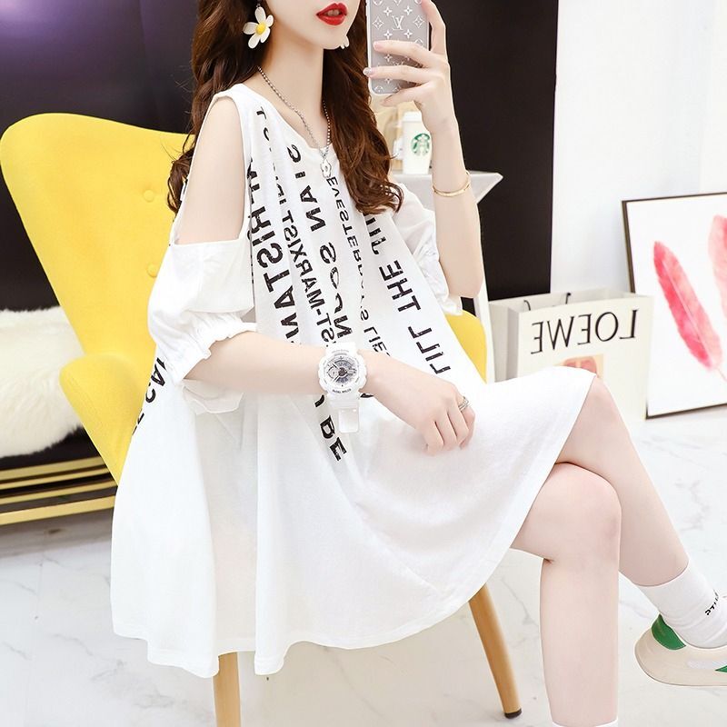 Camisa holgada informal con estampado de letras, camisa holgada de gran tamaño con cuello redondo y hombros descubiertos, versión coreana, moda de verano