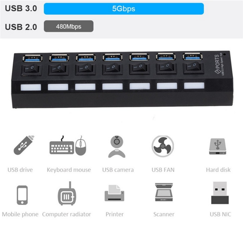 WvvMvv-airies USB 3.0 avec interrupteur pour PC, répartiteur USB 3.0, adaptateur secteur, 7 ports multiples
