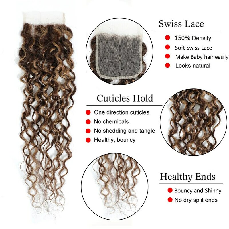 Linhua Water Wave Bundles With Closure P4/27 Highlight Ombre Honey Blonde 3 / 4 Human Hair Bundles With Transparent Closure