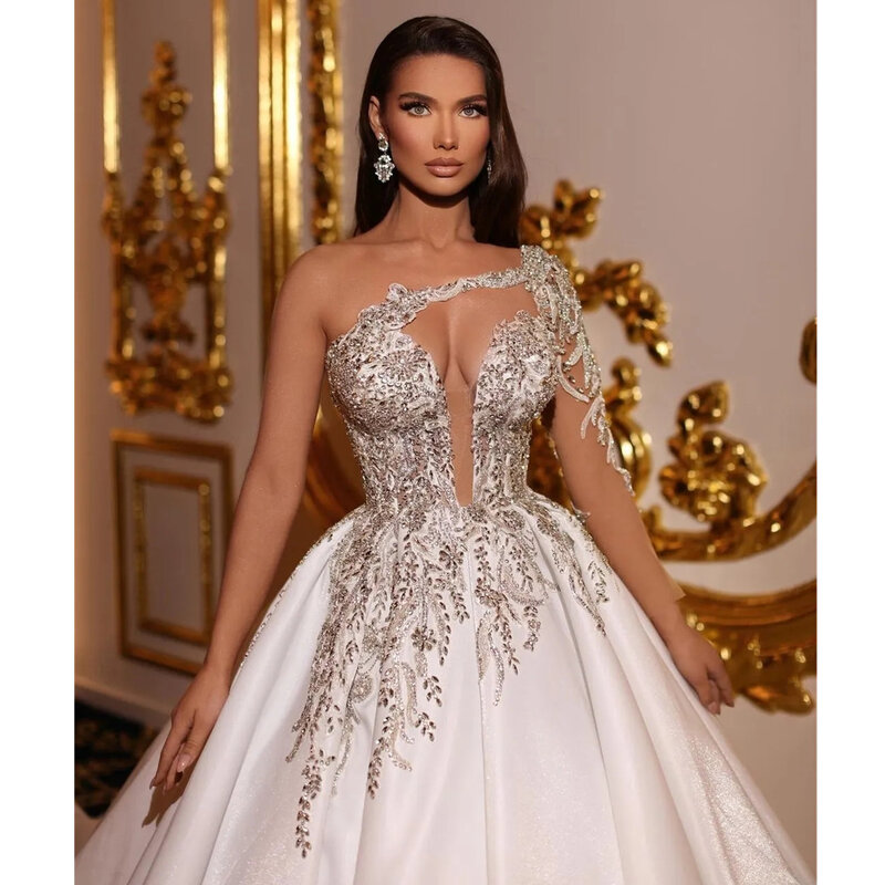 Gaun pernikahan Applique yang indah gaun bola kerah V rendah garis A gaun pesta pantai Formal lengan panjang ilusi Tulle Ruched