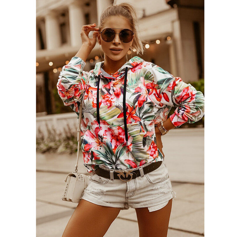 Women Pullovers Hooded Spring/Autumn Casual Long Sleeve Floral Print Sweatshirts With pockets Women Fashion Street Top