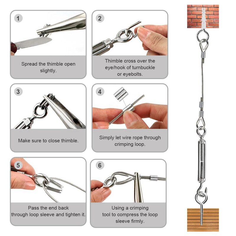 20M Stainless Steel Kit, 3MM Sorting Helps Tighten Rope Wear with M5 Stainless Steel Rope Clamp R