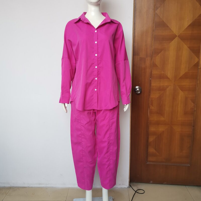 Conjunto de pantalones y blusas de botonadura única para mujer, chándal de dos piezas con bolsillos, cárdigan ajustado, color liso, 2024