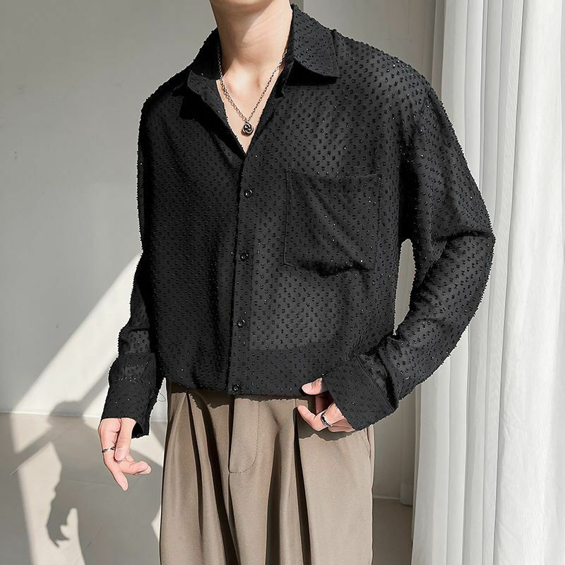 2024 New Spring Summer Male Clothes Fashion Shirts Casual Hollow Perspective Sunscreen Solid Color Men's Long Sleeved Shirt