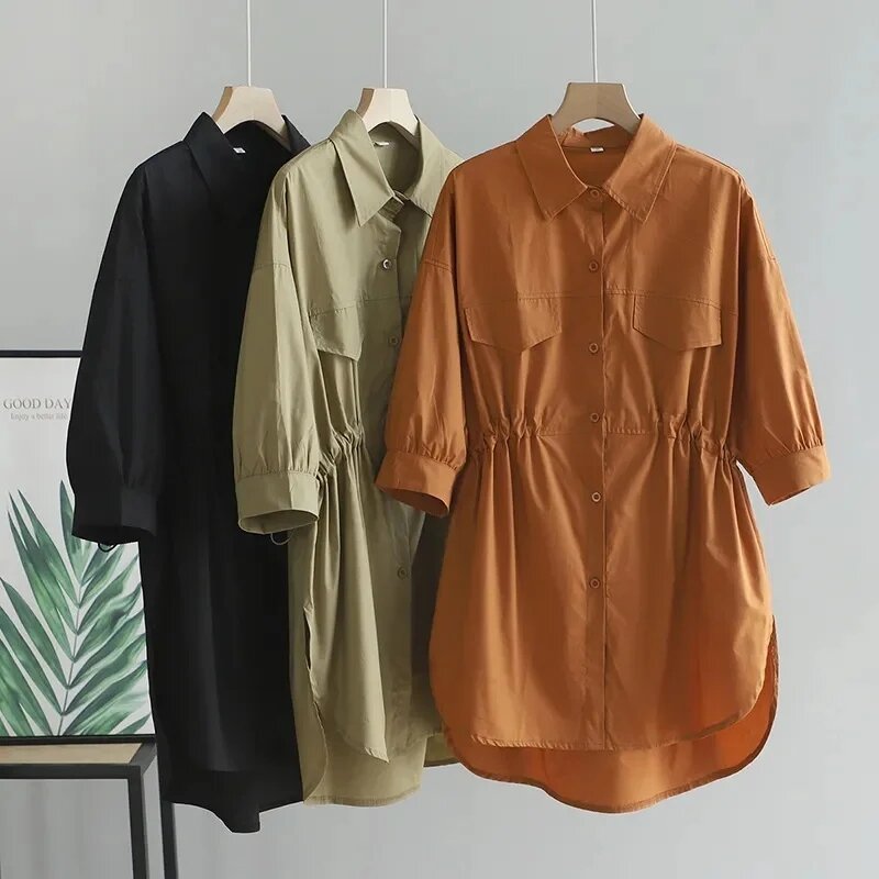 2024 letnia nowa długa koszula spódnica damska płaszcz duży rozmiar koreański kurtka luźna ściągany sznurkiem w pasie wyszczuplający modna koszula bluzki damskie