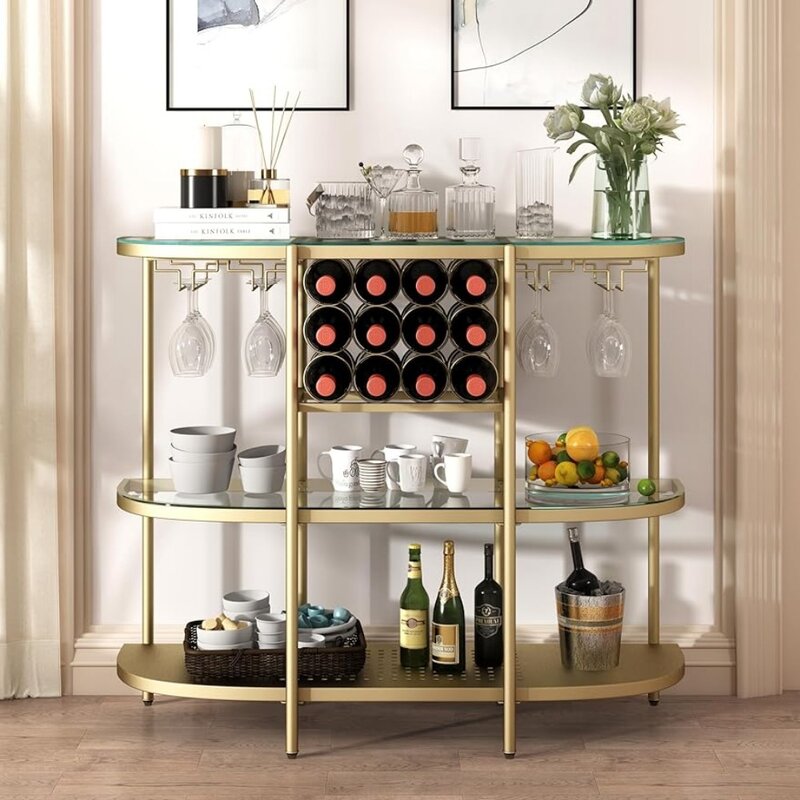 Meja rak anggur dengan pemegang kaca 3-Tier meja Bar minuman keras meja kulkas emas