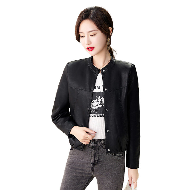 Jaket kulit versi Korea wanita, jaket kulit domba versi Korea kasual serbaguna pendek dicuci Musim Semi 2024