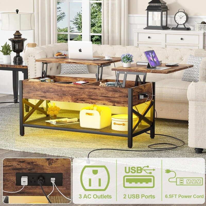 Tavolino Aheaplus, tavolino da caffè con piano di sollevamento con luce a LED e presa di corrente, tavolo centrale moderno con piano di sollevamento con ripiano