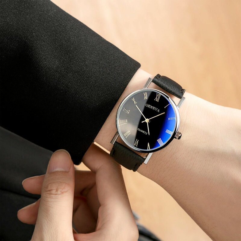 Часы наручные мужские с ремешком, брендовые Модные кварцевые, с синим лучом, в римском стиле, в официальном стиле