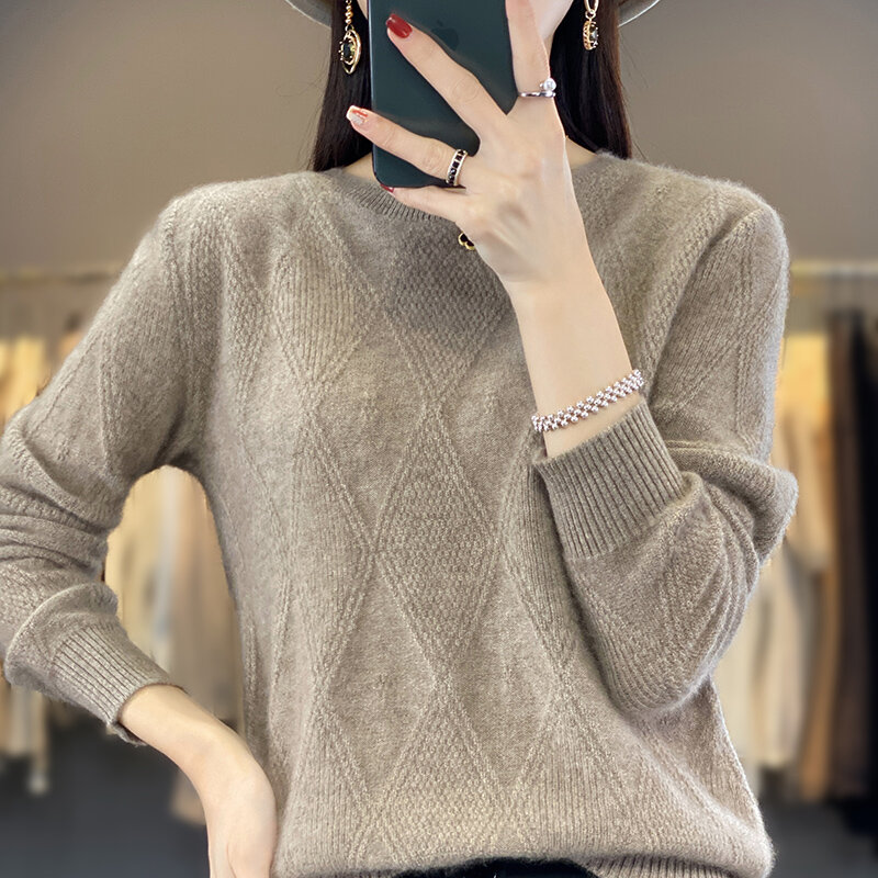 Camisola de lã com gola redonda camisa de fundo tricotada jacquard diamante jaqueta de manga comprida pulôver solto, novo, outono 2023