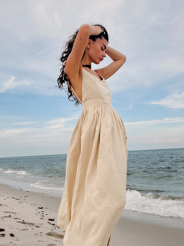 Bornladies-Vestido vintage estilo praia feminino, vestido solto com estilo A, 100% algodão, sexy, decote em v, hot girl, primavera, verão