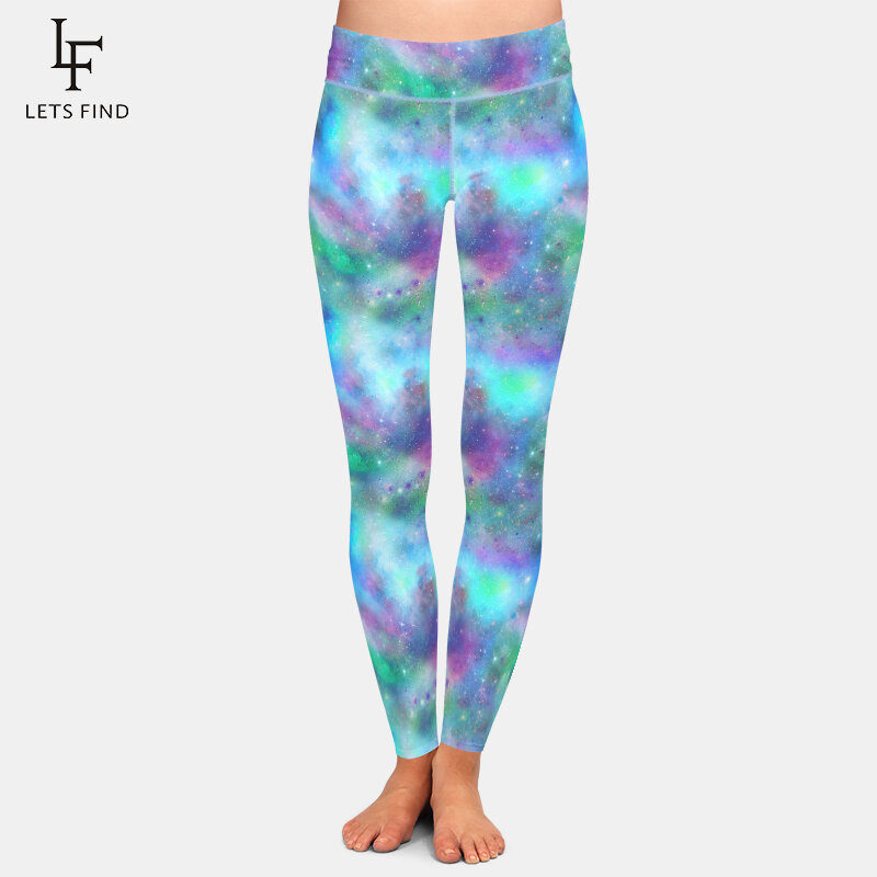 LETSFIND – legging de Fitness taille haute pour femme, magnifique, imprimé galaxie bleu et vert, élastique, Slim
