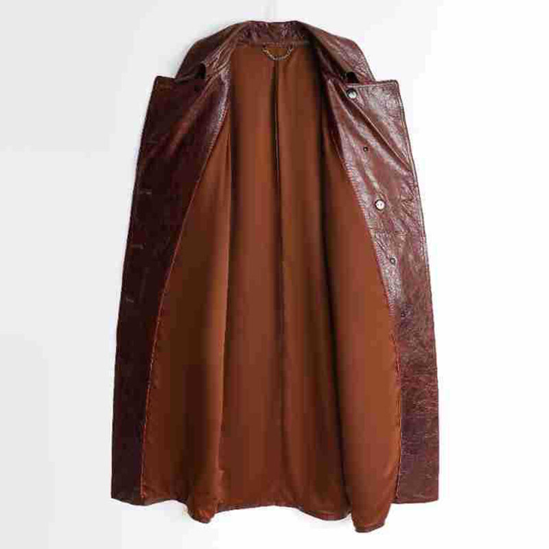 Casaco de couro encerado vintage para mulheres, jaquetas de couro compridas e finas, cinto cor castanha, lapela clássica, outono e inverno