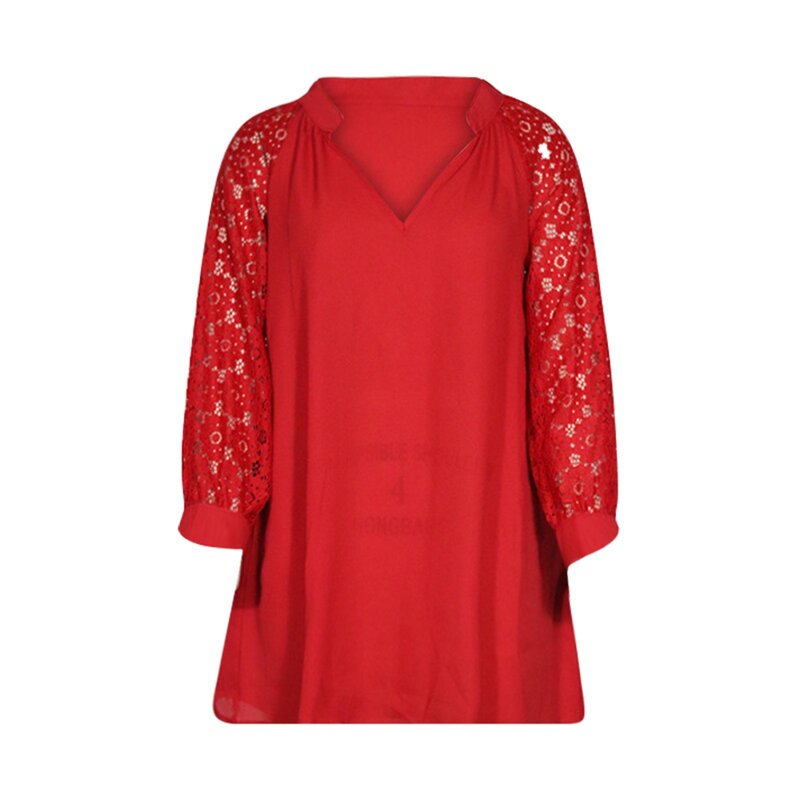 Gaun wanita musim semi dan musim panas 2024, jubah Mini kasual longgar merah leher V berongga Motif Splicing renda Halter elegan wanita