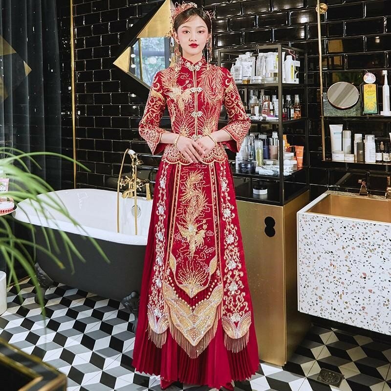 Nowa sukienka tostowa w stylu chińskim, kokarda i szaty, damski garnitur