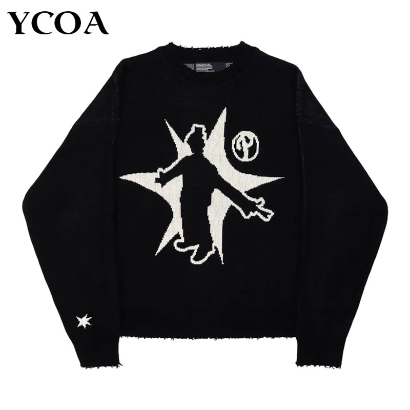 Men Winter Sweater Oversize Knit Jumpers Y2k Vintage Long Sleeve Top Harajuku Streetwear Graphic Pullovers Korean Grunge Clothes