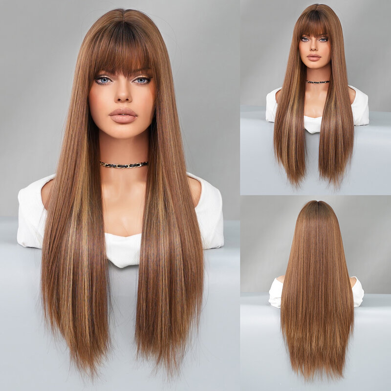 PARK YUN Long Straight Brown Wig With Bangs For Women Highlight Blonde Daily Party Cosplay Synthetic Wigs With  Heat Resistant