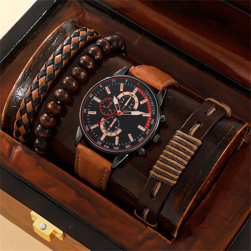 Jam tangan bisnis pria, 4 buah Set Fashion kulit coklat tali tangan mewah olahraga kasual kuarsa jam tangan Reloj Hombre