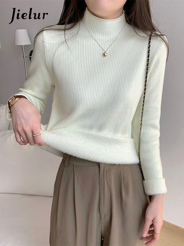 Jelur jesień nowy jednolity kolor casualowe damskie swetry proste swetry Basic kobieta czarna biała morelowa wąska koreańska bluzka