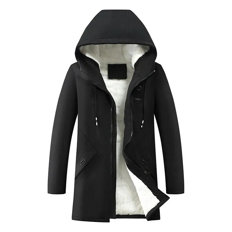 Мужские хлопковые ветрозащитные однотонные пальто, парки, куртки для длинного пальто с капюшоном, зимняя теплая Толстая флисовая куртка