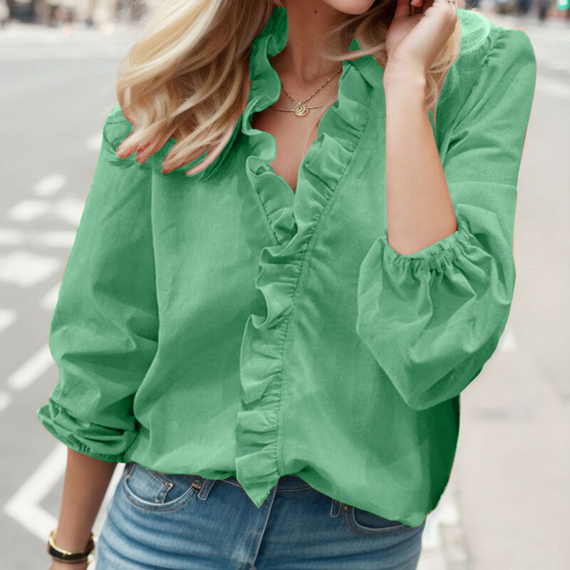 Blusa verde de gasa con volantes para mujer, camisa holgada lisa con cuello en V, manga farol, talla grande