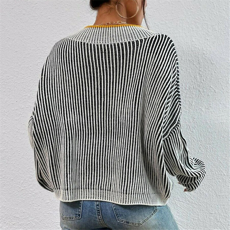 Trendy2KAutumn Winter V-Neck Loose Fitting Bat Sleeve Sweater With Striped Contrasting Pullover For Women'S Top And 