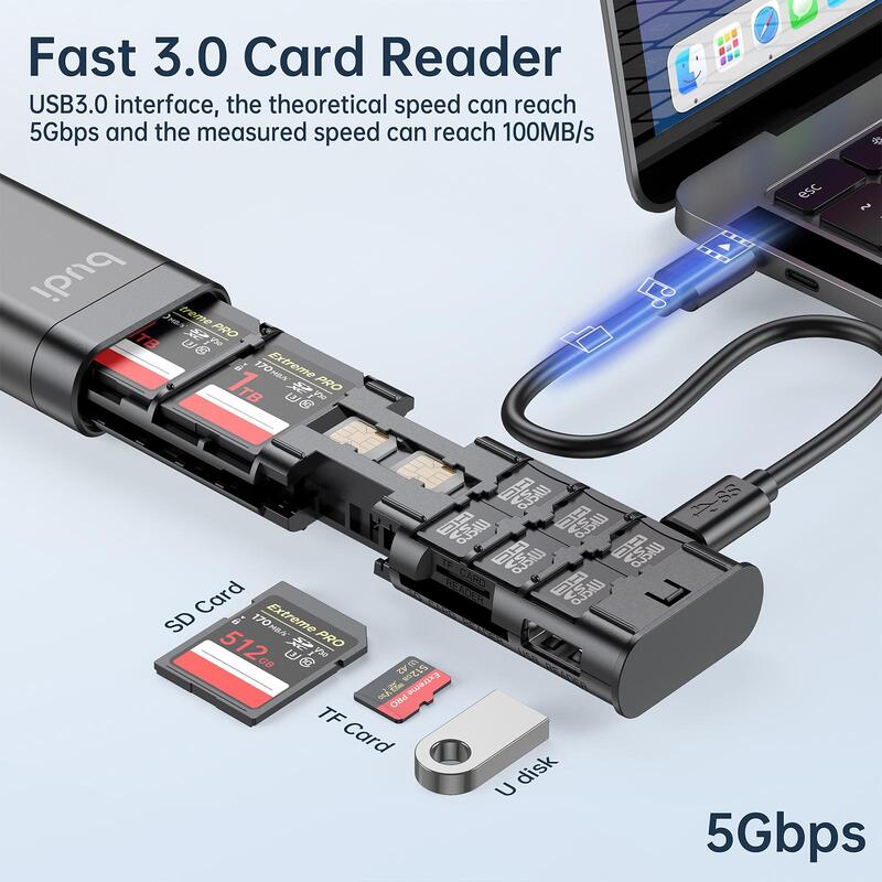 BUDI 다기능 박스 USB 3.0 데이터 전송 고속 충전 케이블, SD TF 카드 보관함, 아이폰 삼성용, 9 in 1, 65W