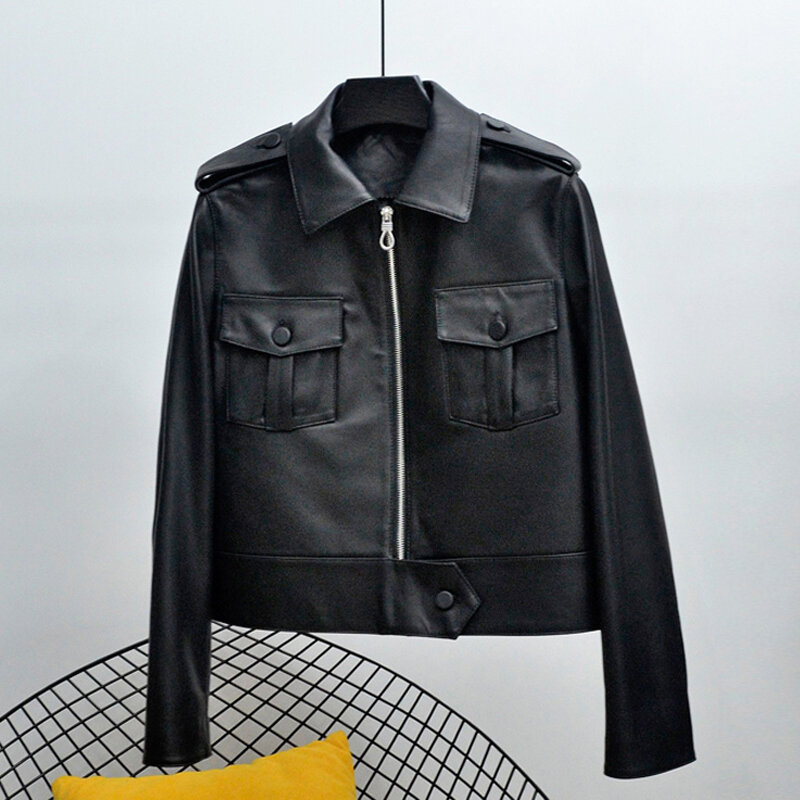 Кожаная женская куртка 2024, зимняя женская куртка 100% Nappa, мотоциклетное пальто с имбирным порошком, уличная одежда, корейская мода, короткая одежда