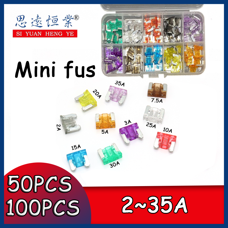 Mini fusibles para coche, caja de 100/50 unids/lote, tipo de cuchilla automotriz, surtido de Micro fusibles en caja 2A/3A/5/A/7.5A/10A/15A/20A/25A/30A/35A
