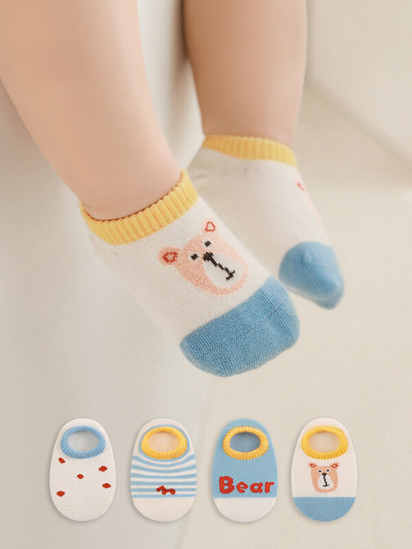 Lot de 4 paires de chaussettes coordonnantes en coton pour bébé garçon et fille, motif dessin animé mignon, pour le printemps et l'été