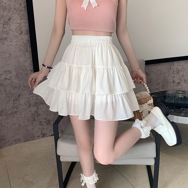 HOUZHOU rok Mini berlipat A-line wanita, Bawahan kasual longgar pinggang tinggi perca berkerut putih musim panas untuk perempuan