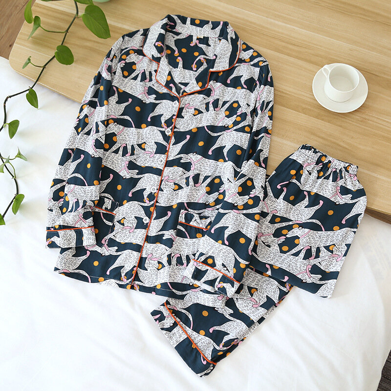 Pijama de viscosa con cuello vuelto para mujer, ropa de dormir con estampado de 2 piezas, ropa de dormir de manga larga, Conjunto de pijama con botones para casa, 2022