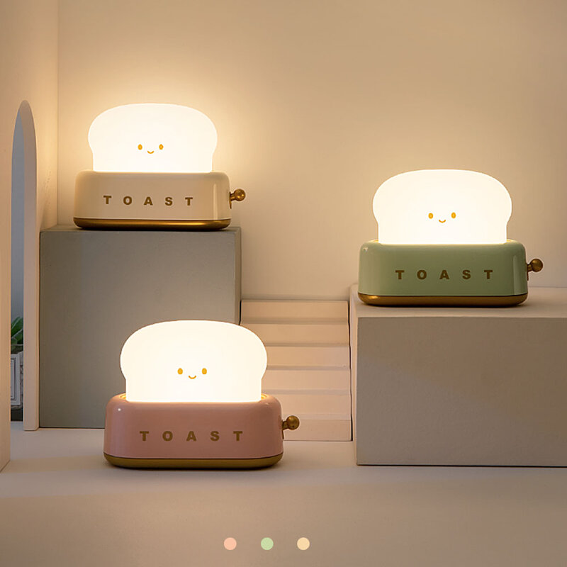 Lampu malam LED kartun, lampu LED portabel dengan Timer kecil, lampu meja roti Kawaii untuk menyusui malam hari