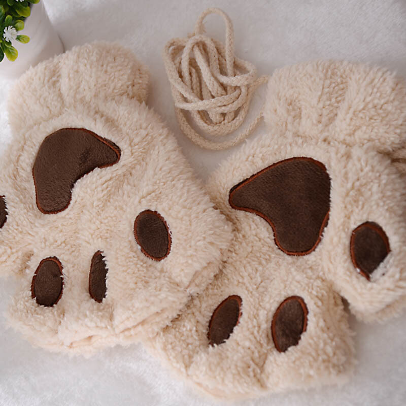 Guantes de invierno con dibujo de Pata de Gato para niña, guantes de dedo abierto, gruesos, mullidos, pata de oso, medio dedo