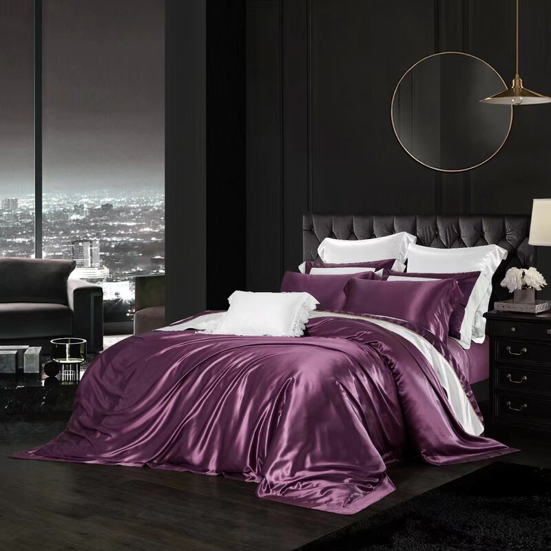 Luxury Silk Bedding Set 100% Mulberry Silk Fabric 19 momme Bed Sheet/Pillow Case/Quilt Cover Solid Color HB14