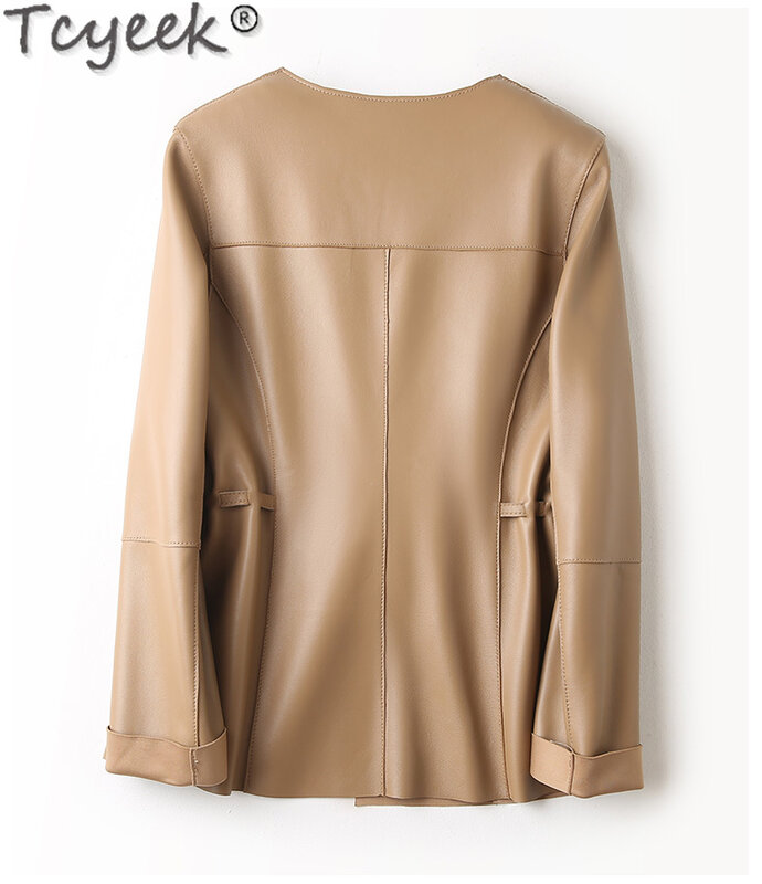 Tcyeek-chaqueta de cuero genuino para mujer, abrigo de piel de oveja, moda coreana, longitud media, 23