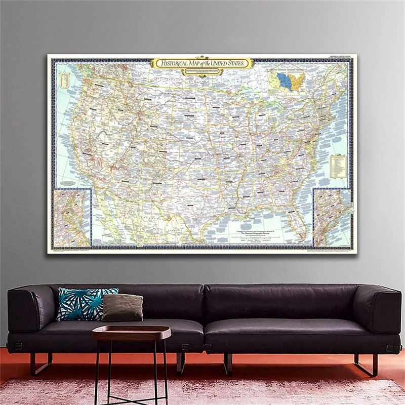Mapa de la historia americana, carteles e impresiones sin marco, imágenes artísticas de pared, pinturas en lienzo, decoración del hogar, suministros escolares, 90x60cm