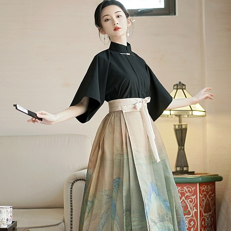 Eastern Traditional Clothing Hanfu Classic Elegant Print Horse-Face Skirt Black Tops Chinese Style Cosplay Costume Set Pleated