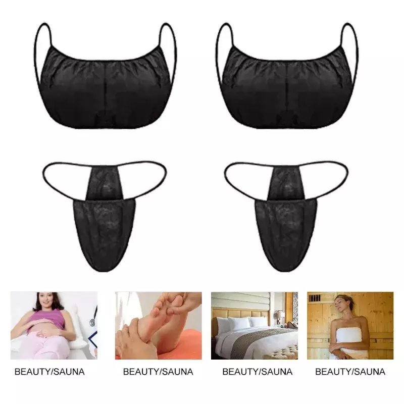 25Sets Black Disposable Non-Woven Fabric Bra Tops Thong Women Underwear Breathable Lingerie Brassiere for Beauty Salon Spa Sauna