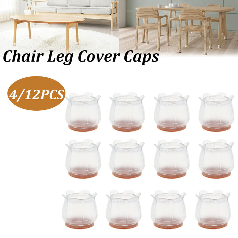 4/12PCS Silicone Chair Furniture Legs Caps Feet Pads Cover Caps with Felt Pads Protect Hardwood Floor from Scratches Anti-Noise