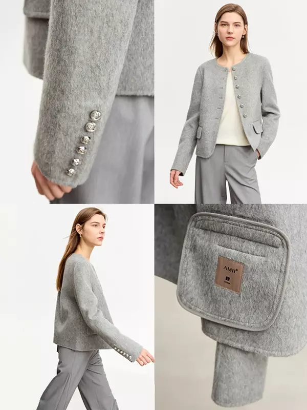 AMII jaket wol penuh wanita, jaket gaya kecil minimalis 2023 musim dingin kualitas Vintage trendi Crewneck 12324014