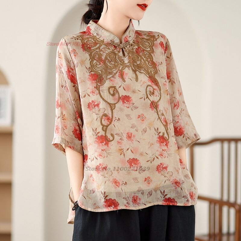 2024 chinesische Vintage Bluse nationale Blumen druck Stickerei Volks bluse Retro Hanfu Tops feminino Streetwear ethnische Bluse