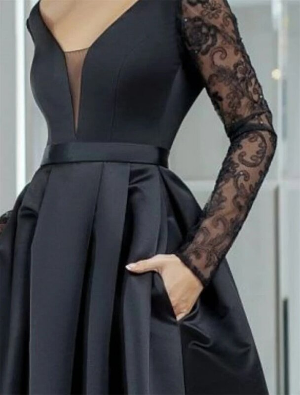A-Line Minimalist Sexy Wedding Guest Formal Evening Dress V Neck Long Sleeve Asymmetrical Lace with Pleats Lace Insert 2022