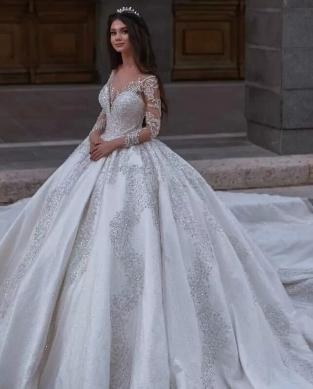 Kryształowe suknie ślubne z dekoltem w szpic koronkowe suknie ślubne z długim rękawem elegancka suknia ślubna szaty z mariée