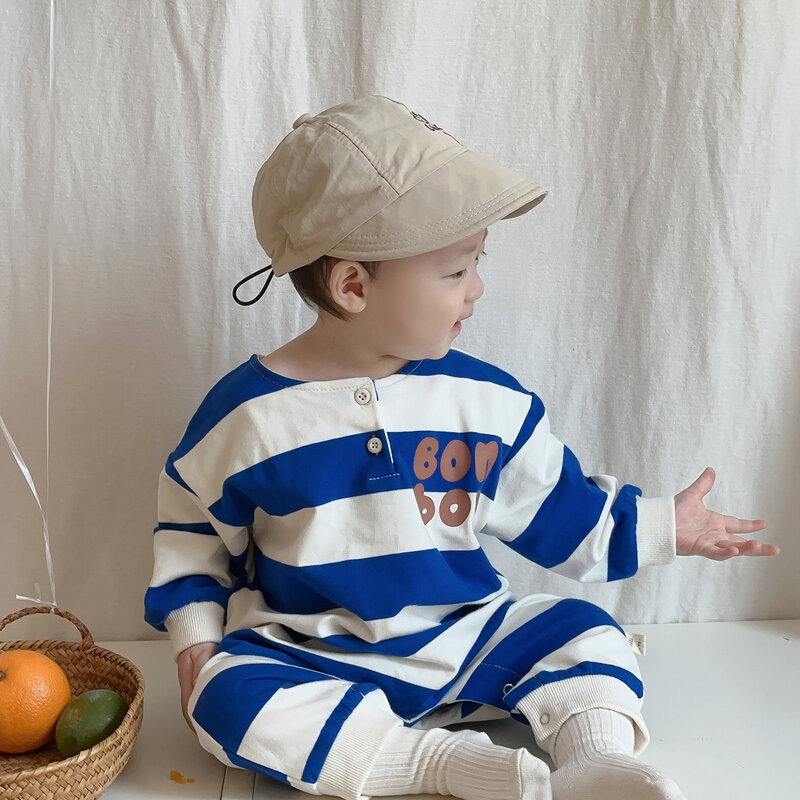 2024 Spring New Baby Long Sleeve Romper Newborn Toddler Fashion Letter Striped Jumpsuit Cotton Infant Boy Casual Clothes 0-24M