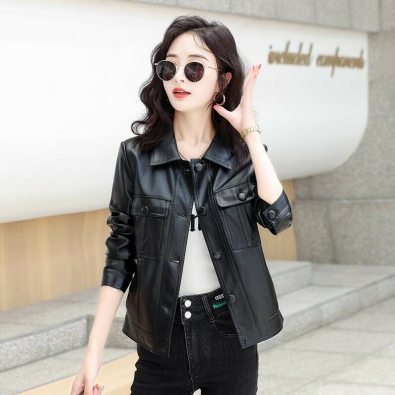 2023 Women Genuine Leather Outwear Single Breasted Outfit Autumn Winter Wome Fashion Short Thin Female Sheep Leather Jacket
