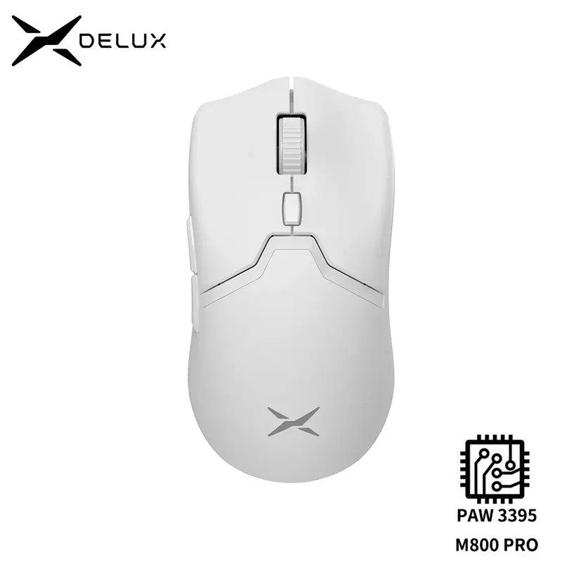 Delux-M800 PRO PAW3395 Mouse sem fio Bluetooth para jogos, 26000DPI, computador óptico, mouse de escritório, Macro Drive para laptop, PC, branco