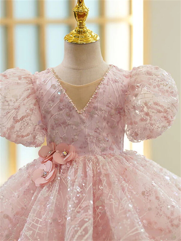 Gaun Anak Perempuan Kecil Anak-anak Payet Bunga Tampilan Garis A Merah Muda Berkilau Asimetris Lengan Pendek Putri Manis Cocok 3-10 Tahun
